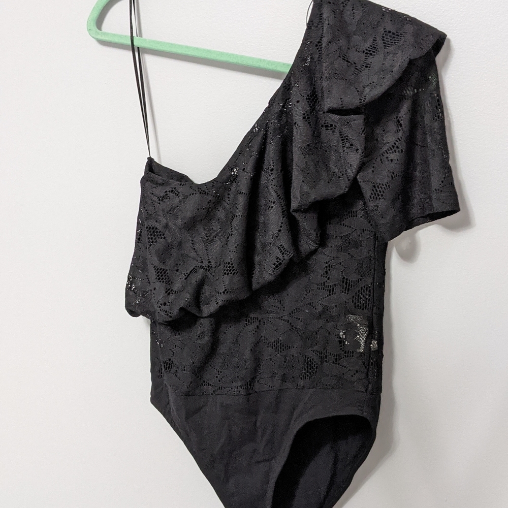 Zara Black Frilled Lace One Shoulder Bodysuit - Picture 7 of 10